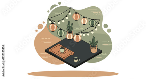 An inviting illustration showcases a cozy outdoor space with string lights, lanterns, potted plants, and coffee cups on a modern table.