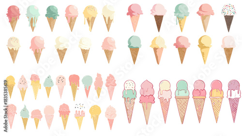 Cute ice cream cone icon set featuring scoops, sprinkles, pastel colors, and fun dessert shapes. Ideal for summer graphics, sweet menus, food packaging, and playful decorative artwork.