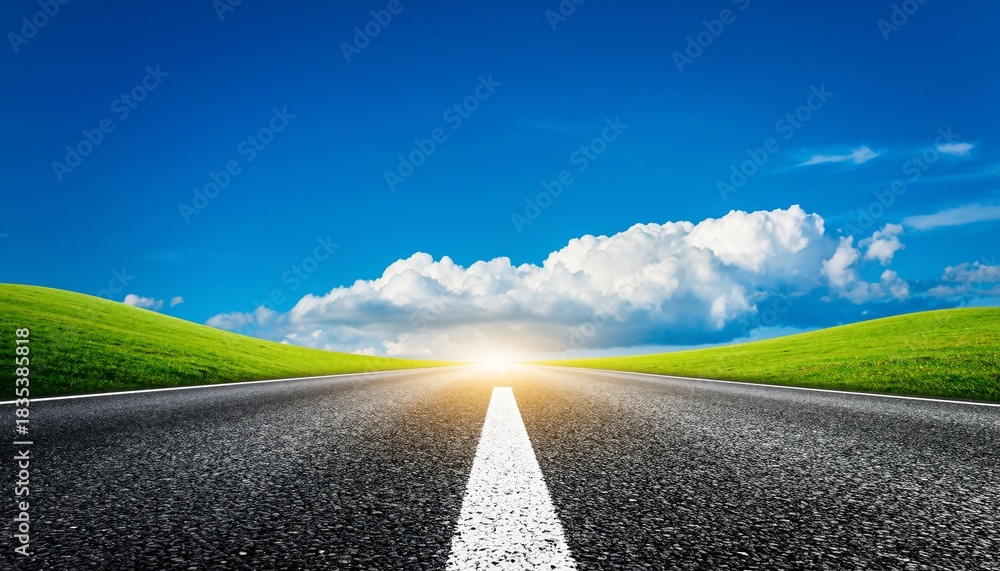 Fototapeta premium Open Road Leading Towards a Bright Sunlit Horizon Under a Blue Sky.