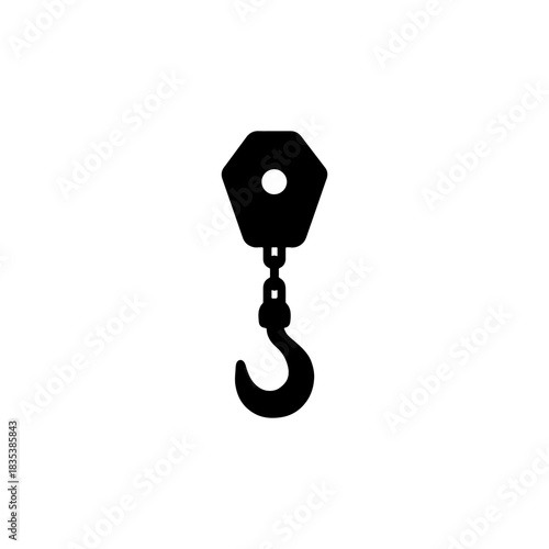 Black silhouette of a lifting hook and pulley system