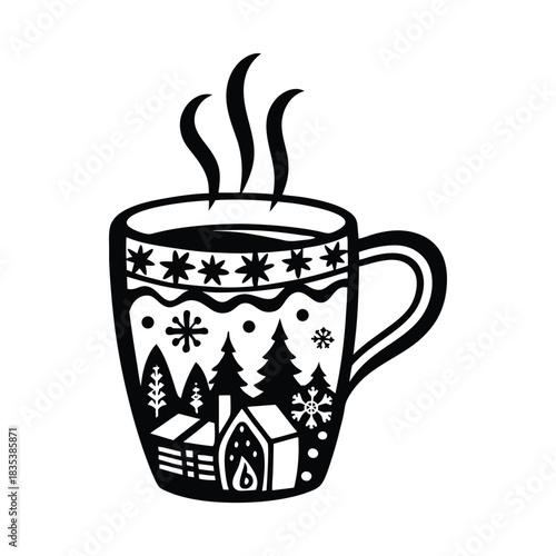 Winter Scene Coffee Mug Black and White Vector