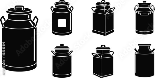 Various milk churn and can icons, farm dairy equipment set. Vector