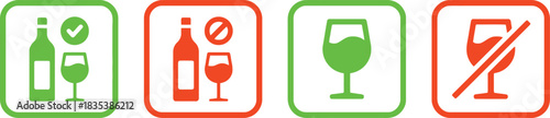 alcohol, drink, beverage, prohibition, permission, allowed, not allowed, no, yes, green, red, bottle, glass, wine, wine glass, wine bottle, icon, symbol, sign, restriction, regulation, health, safety,
