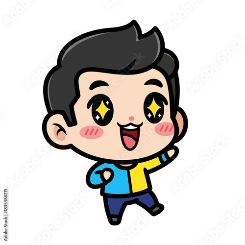 Happy Cartoon Boy with Sparkling Eyes and a Cheerful Expression, Waving Hello
