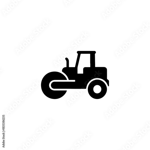 Black silhouette icon of a road roller or steamroller on a white background