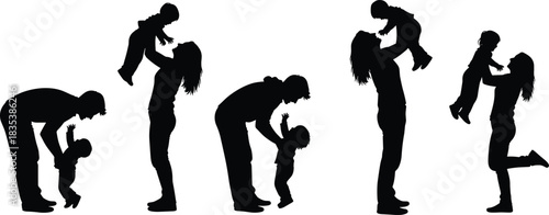 Parent and Baby Silhouette Vector Collection, Father and Mother Playing with Infant, Representing Love, Parenting, Family Bond, Child Development, Happiness, and Early Childhood Education Graphics.