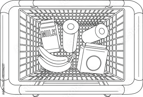 Shopping cart groceries food milk bananas cans outline black and white art
