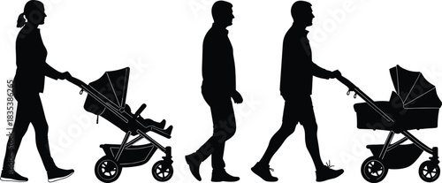 Parents and Baby Strollers Silhouette Vector Set, Mother and Father Walking with Prams, Representing Parenthood, Family Life, Childcare, Infant Care, and Outdoor Strolling Activities 