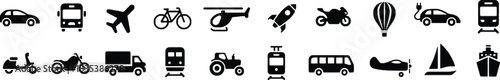 transportation, vehicle, icon, set, collection, car, bus, airplane, bicycle, helicopter, rocket, motorcycle, hot air balloon, electric car, train, scooter, truck, tractor, tram, biplane, sailboat, shi