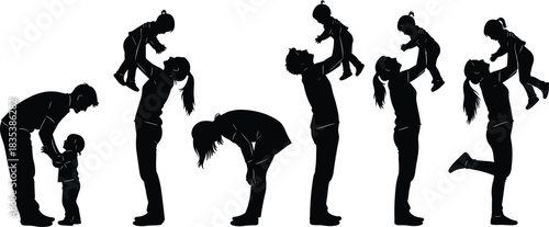 Parents Playing with Baby Silhouette Vector Set, Mother and Father Lifting, Holding, and Interacting with Infant, Representing Parenting, Family Love, Childhood Joy, and Child Development Graphics.