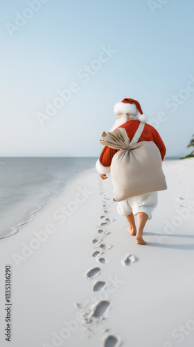 Santa Claus walking barefoot on a tropical beach with gift sack.