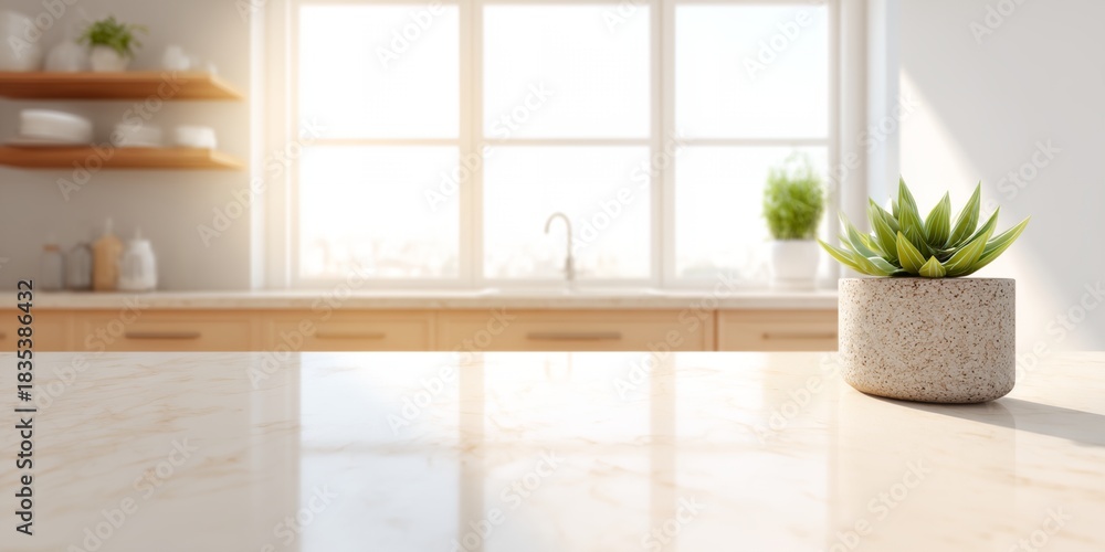 Fototapeta premium Potted plant sits on a countertop in a kitchen