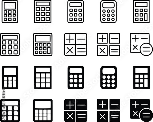 calculator, math, mathematics, calculation, digital, electronic, device, numbers, buttons, operations, addition, subtraction, multiplication, division, equal, icon, graphic, symbol, set, collection, t