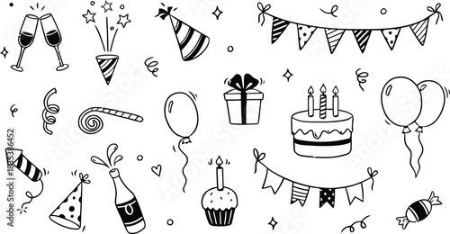 birthday icon, celebration icon, party icon, balloon icon, cake icon, gift icon, confetti icon, firecracker icon, champagne icon, party hat icon, cupcake icon, candy icon, streamer icon, whistle icon,