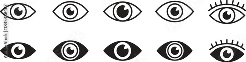 eye, icon, symbol, vision, sight, looking, observe, watch, pupil, iris, eyelash, silhouette, black and white, graphic, design, element, collection, set, isolated, white background, perception, awarene