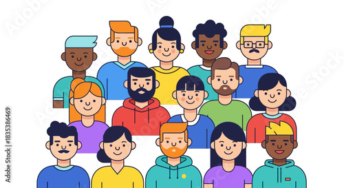 Diverse group of multi-ethnic people standing together, representing a community, team, or social network in a modern flat design illustration