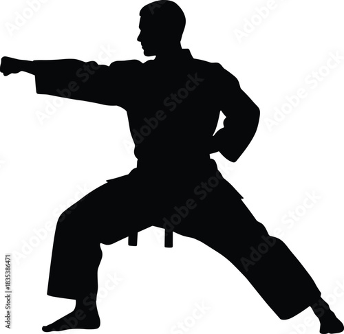 Powerful black silhouette of a man performing a strong, focused punch and low stance, martial artist in gi illustrating karate, self-defense, combat training, and physical strength isolated on white.