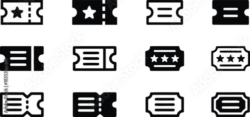 ticket, icon, admission, event, cinema, concert, raffle, entry, symbol, graphic, design, vector, set, collection, black, white background, illustration, star, lines