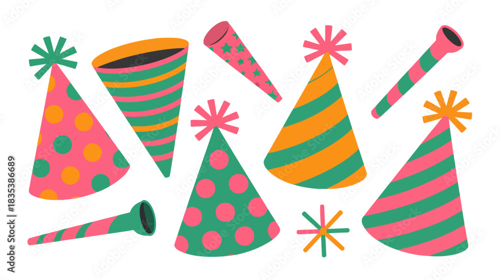 Fototapeta premium A vibrant collection of colorful festive party hats and noisemakers in a playful hand drawn style perfect for celebrations and birthdays