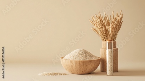 Whole rice in small wooden bowl