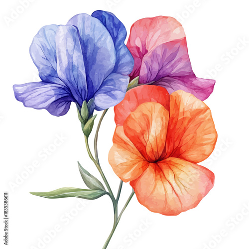 watercolor of Sweet Pea Flower draw illustration, isolated on a white background.