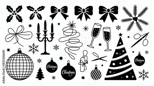 A festive collection of hand drawn black and white christmas and new year s eve icons and illustrations perfect for holiday design projects and celebrations