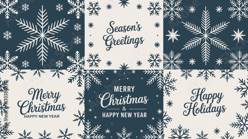 A festive collage of six square christmas and holiday greeting cards featuring elegant snowflake patterns and warm seasonal messages in a vintage style
