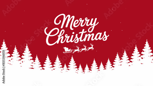 Festive merry christmas greeting with a silhouette of santa claus flying in his sleigh over a snowy forest landscape against a vibrant red background