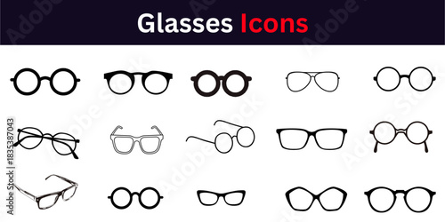 Glasses and Sunglasses Vector Icons: Set of Eyewear Shapes, Frames, and Styles for Design
