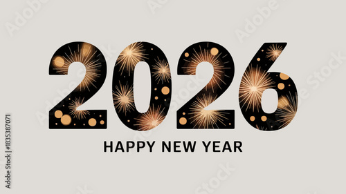 Happy new year 2026 text with sparkling golden fireworks and bokeh lights on a light grey background celebrating the upcoming year with festive illumination and a sense of joy and anticipation