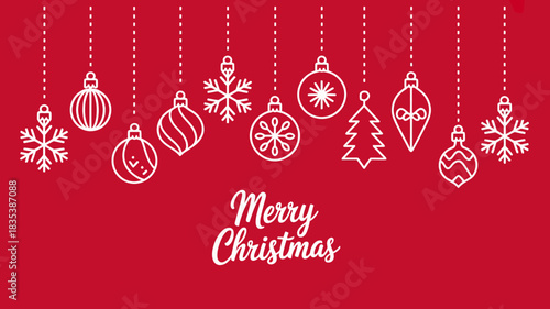 Festive red background with delicate white outline christmas ornaments and snowflakes hanging and the words merry christmas