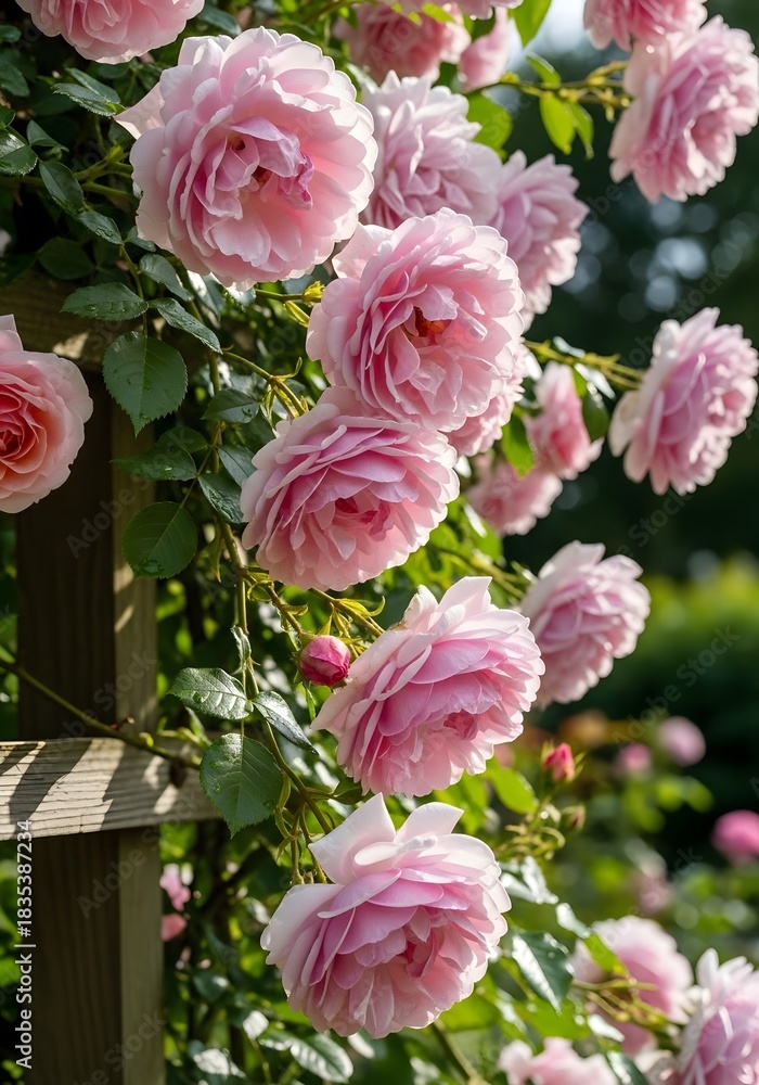 Fototapeta premium Pink Climbing Roses Blooming on Wooden Trellis in Summer Garden