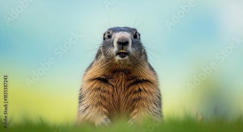 Fototapeta Naklejka Na Ścianę i Meble -  Close-up portrait of an alert Alpine marmot standing upright in a grassy meadow with soft bokeh background.
