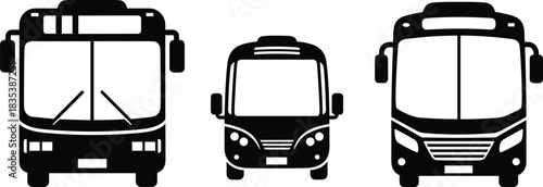 Public Transportation Buses Icon Set: Silhouette Vector Graphics Illustrating Modern City Travel, Commuter Vehicles, and Urban Passenger Transport Services for Web Design, Apps, and Print Media.