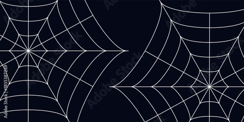 Spider web set isolated on dark background. Spooky Halloween cobwebs with spiders. Outline vector illustration