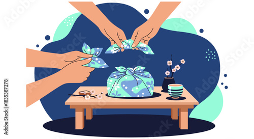 Hands carefully wrap a beautifully patterned cloth around a gift on a wooden table, showcasing the art of traditional Japanese Furoshiki.