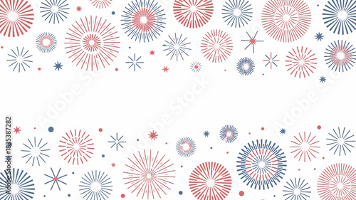Festive colorful abstract fireworks bursting in a celebratory pattern against a clean white background creating a vibrant and joyful border for special occasions and events
