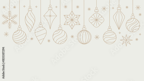 Elegant hand drawn christmas ornaments and snowflakes in a minimalist line art style on a soft cream background perfect for holiday designs