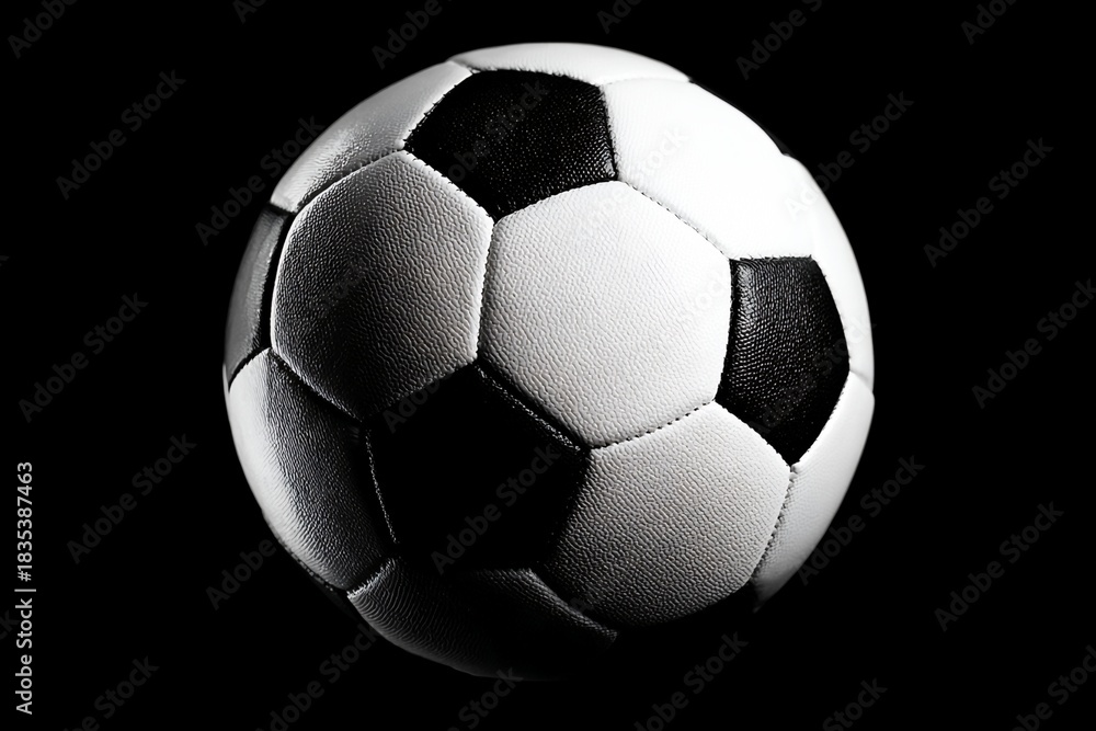 Fototapeta premium Monochrome Soccer Ball on a Black Background Sports Equipment Detail