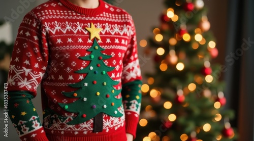 Festive ugly Christmas sweater with tree pattern and blurred decorated tree in background 
