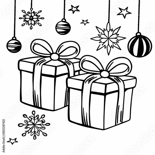 Christmas Gift Boxes with Golden Ribbon and Holiday Decorations on Green Background