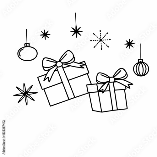 Christmas Gift Boxes with Golden Ribbon and Holiday Decorations on Green Background