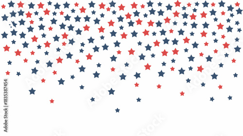 A festive cascade of red white and blue stars falling against a clean white background creating a patriotic and celebratory abstract pattern perfect for holidays and events