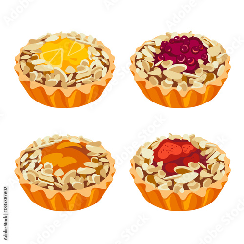 Traditional dessert - cakes with nuts, fruit and berries isolated on a white background. Cartoon style. Sweets - cupcakes with decor. Illustration for children.