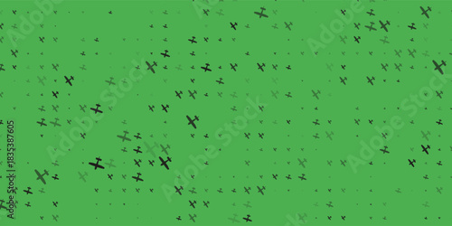 Seamless background pattern of evenly spaced white airplane symbols of different sizes and opacity. Vector illustration on green background with stars