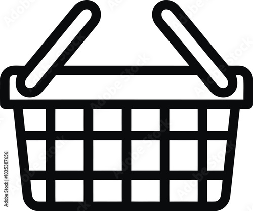 shopping basket, icon, outline, commerce, retail, buy, purchase, market, grocery, store, symbol, object, design, illustration, vector, black and white, consumer, goods, trolley, cart, sale, trade, ser