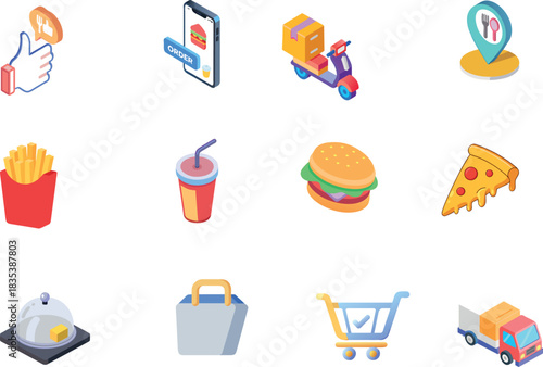 Isometric Icon Set for Online Food Delivery, E-commerce, and Fast Food