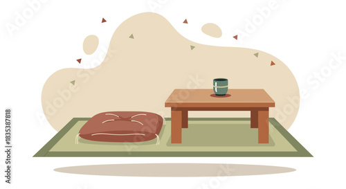 A serene illustration depicts a low wooden table with a teacup, a cushion, and a tatami mat, creating a minimalist and peaceful scene.