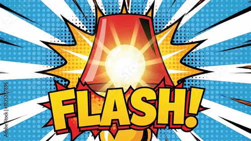 Vibrant lamp with red shade and glowing bulb, surrounded by comic-style bursts and text, captures attention with dynamic visuals and energetic atmosphere