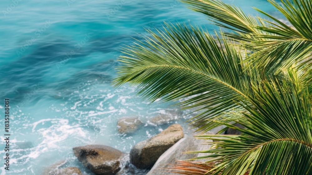 Fototapeta premium Lush green palm fronds overhang bright turquoise tropical ocean water meeting rocks
